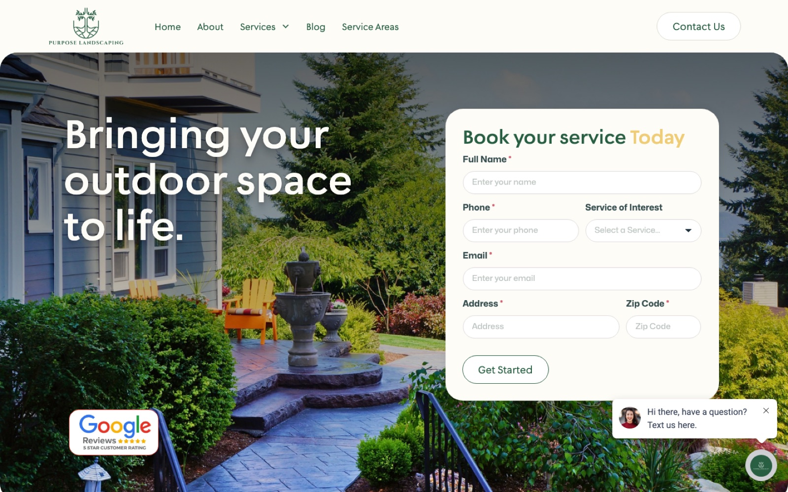 Purpose Landscaping website homepage