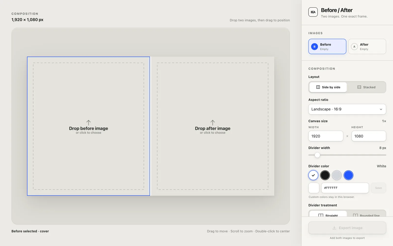 Empty before and after composer with two drop zones and controls for layout, aspect ratio and divider
