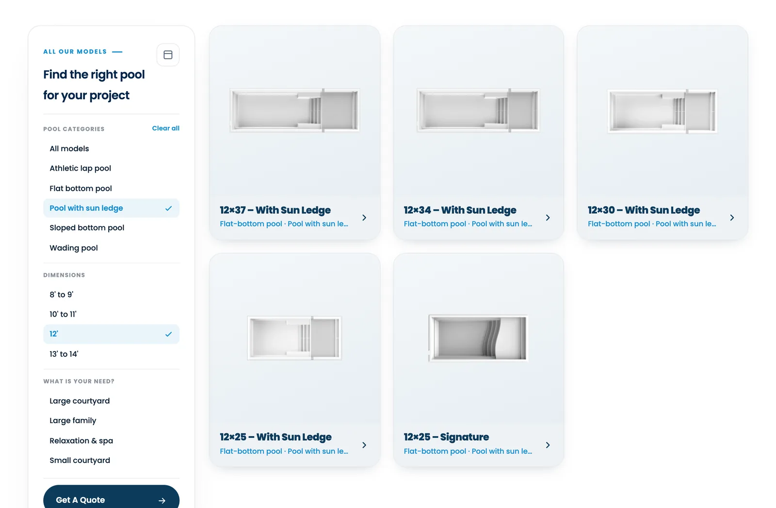 Pool finder with the 12 foot size and sun ledge category selected, showing five matching models