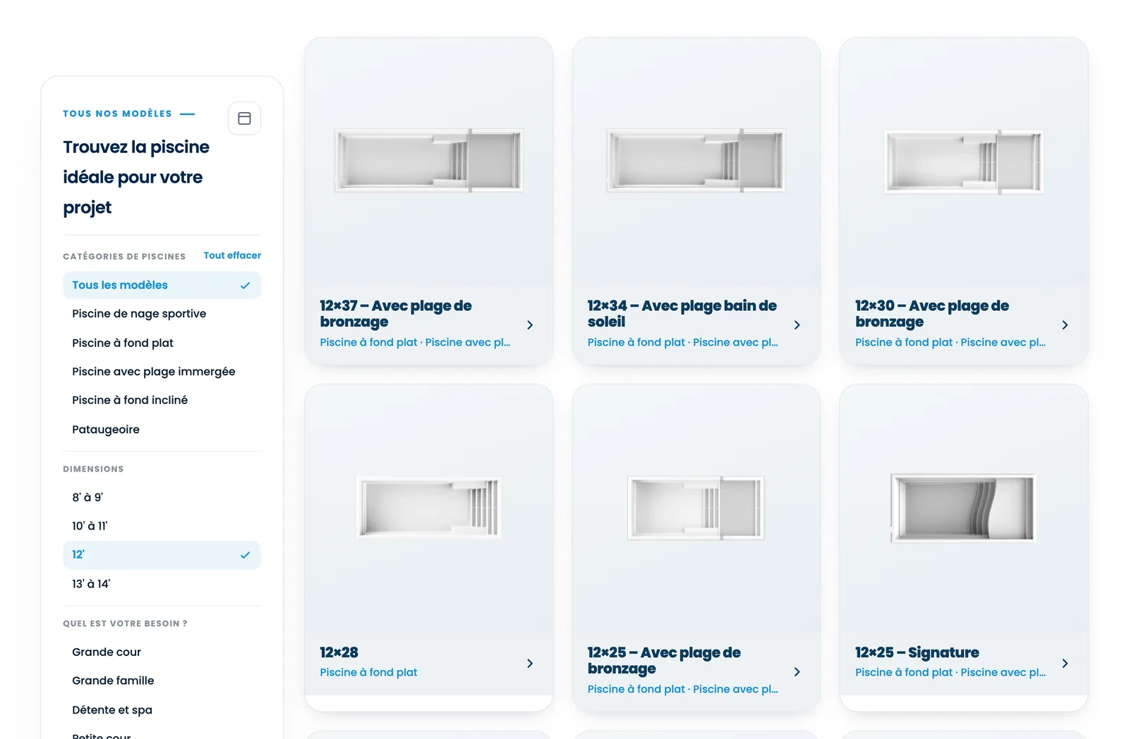 Pool finder on the French site with the 12 foot size selected and matching models shown