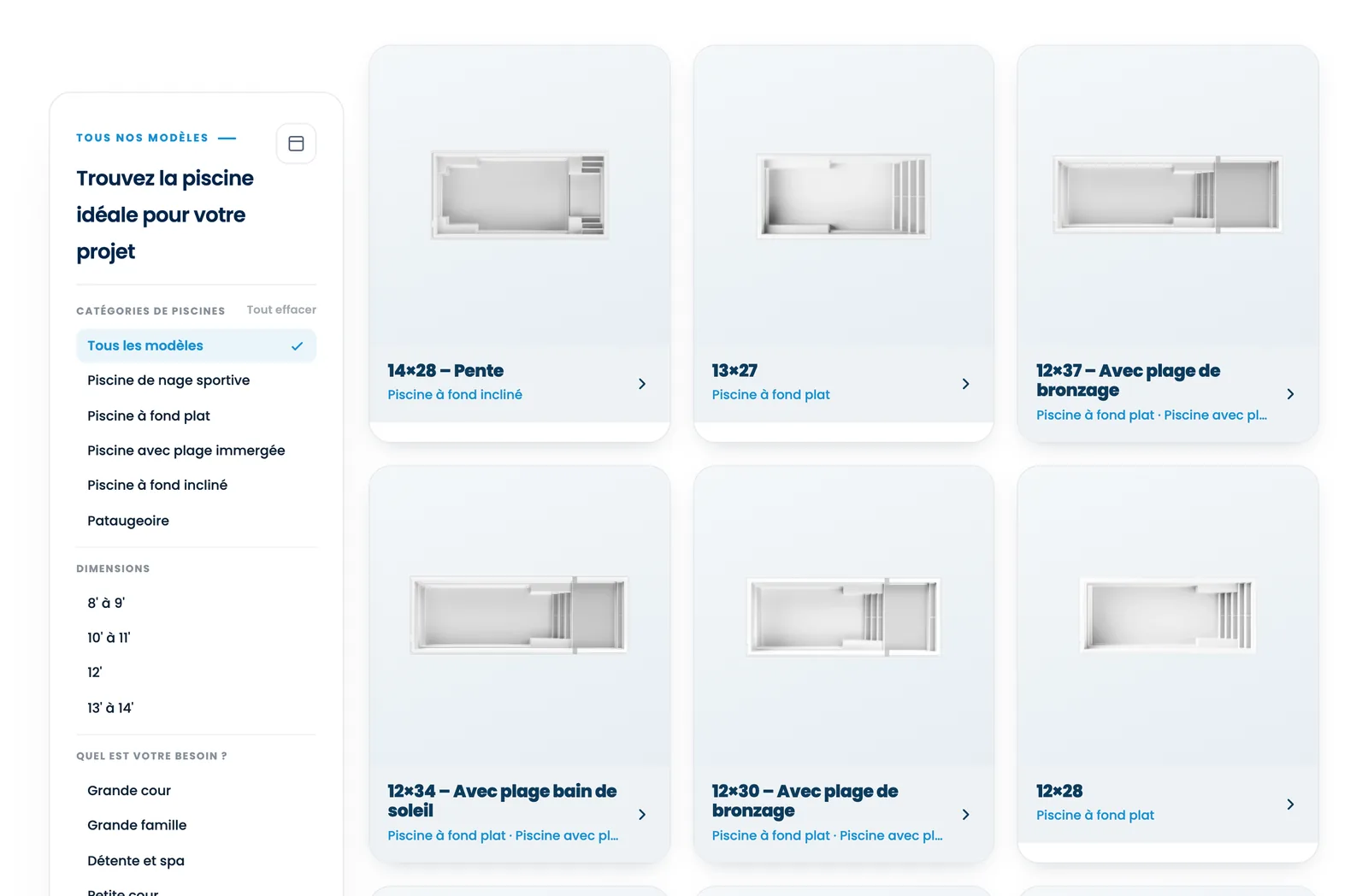 French fiberglass pool finder showing filters and model cards in French