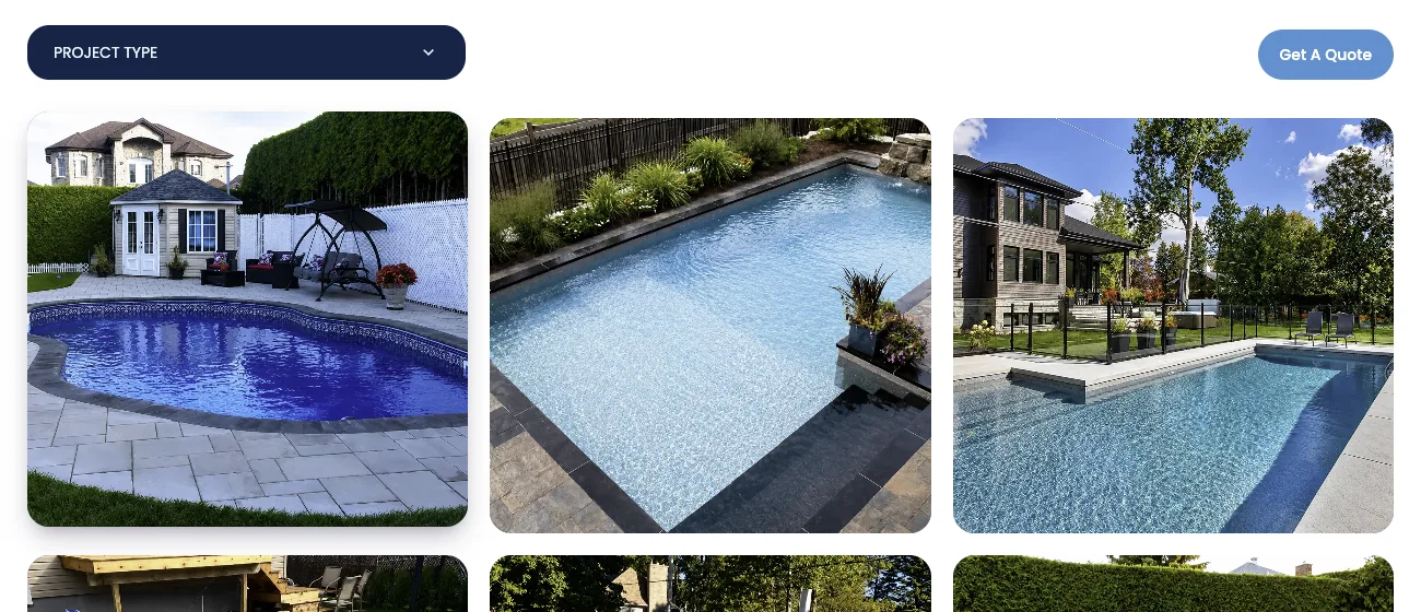 Project gallery page with a Project Type filter above a grid of pool photos