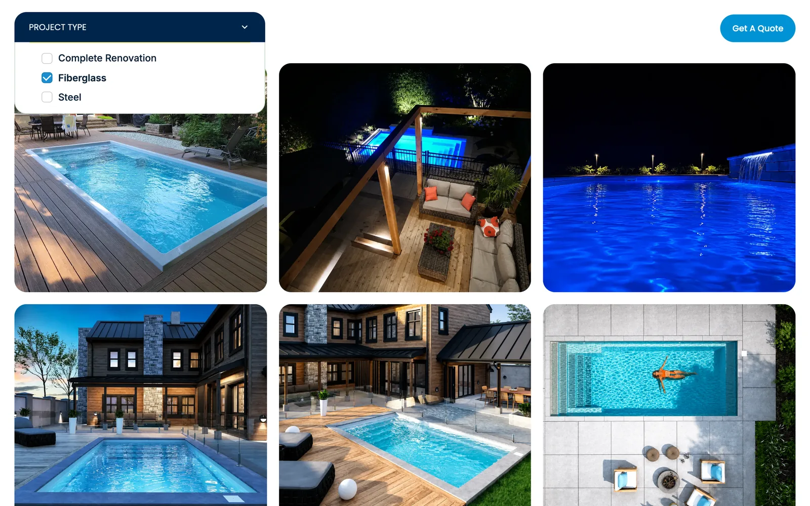 Project gallery filtered to Fiberglass, showing only fiberglass pool photos