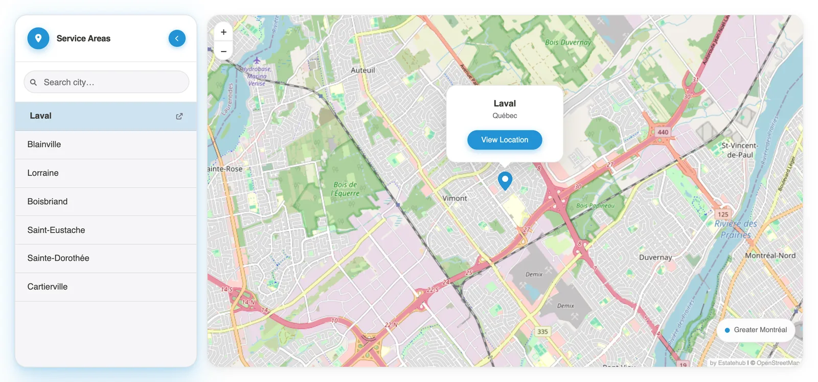 Interactive map zoomed to Laval after choosing the city in the list, showing a View Location popup