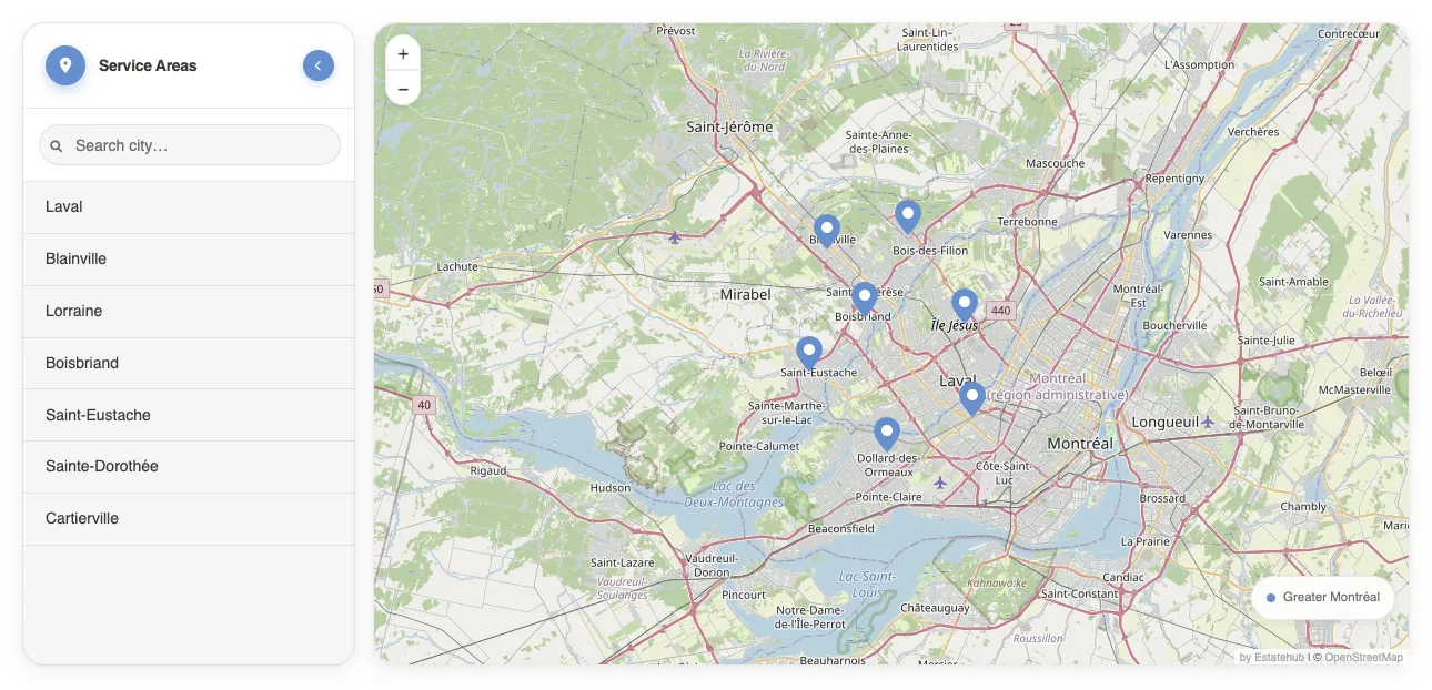 Service areas map on desktop with a searchable city list on the left and a pin for each city on the map