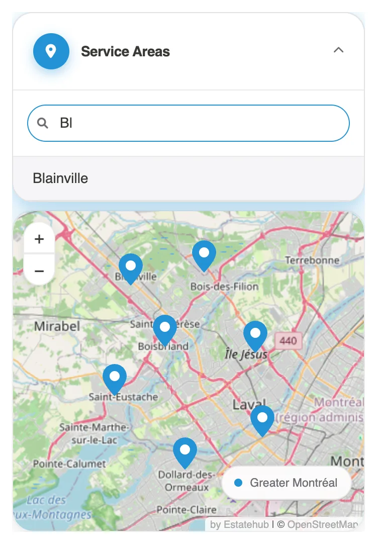 Service areas map on a phone with the search filtered to Blainville