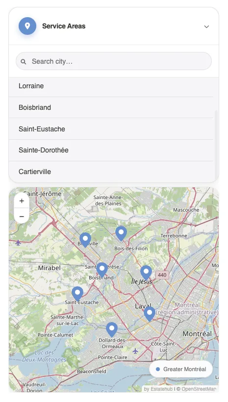 Mobile layout of the service areas map with a search box, city list and map