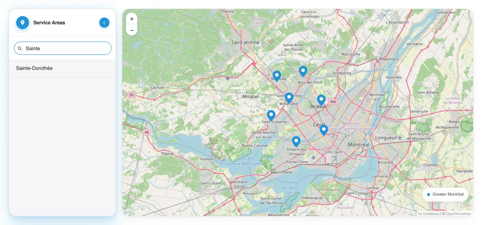 Service areas map with the city search filtered to Sainte-Dorothée