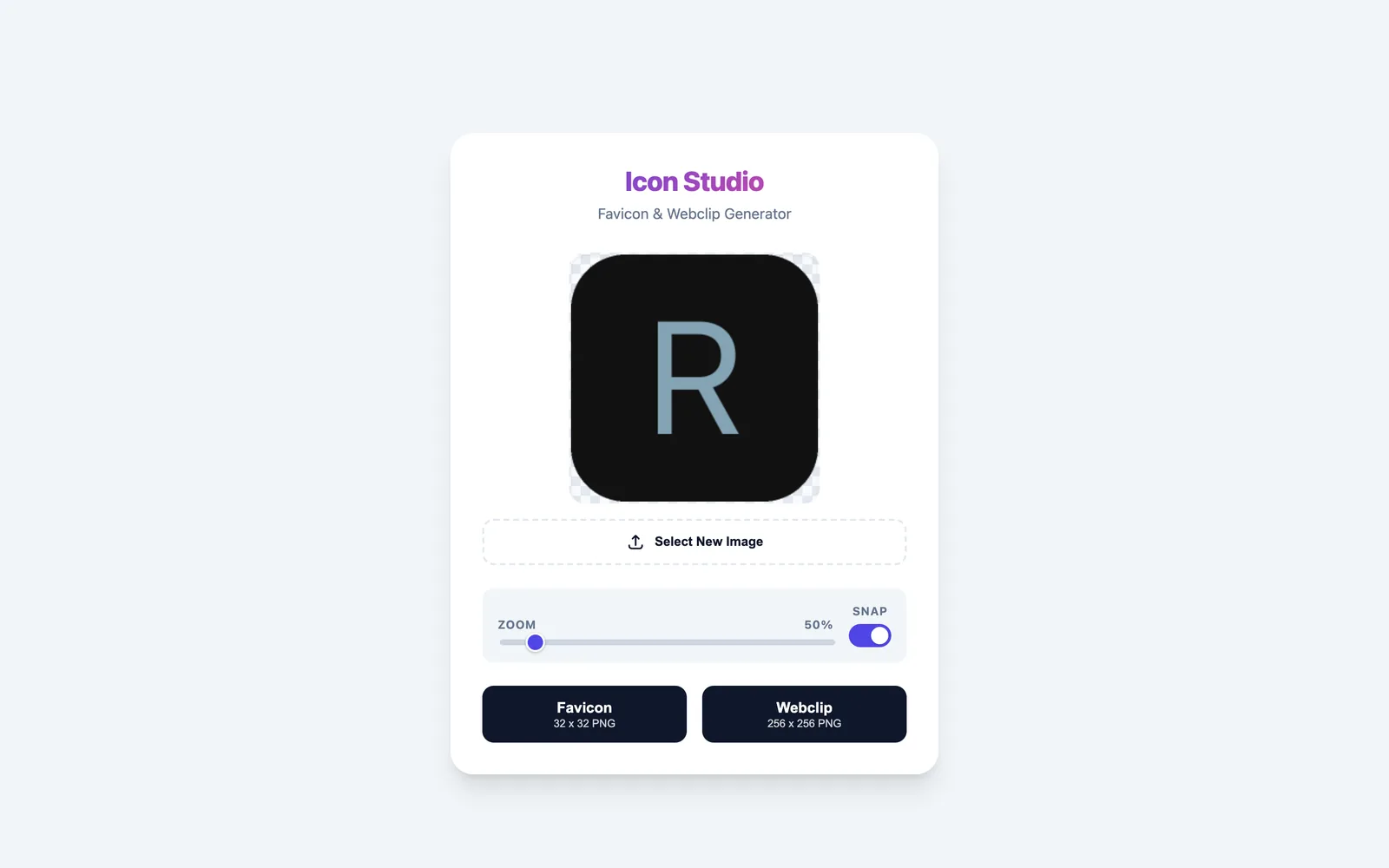 Favicon and webclip generator with a square monogram icon loaded, zoom and snap controls, and Favicon and Webclip export buttons