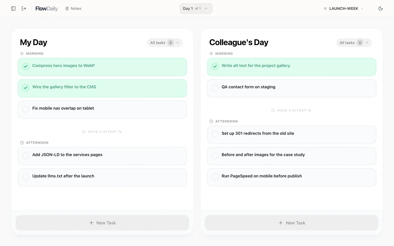 Day planner room with My Day and Colleague's Day columns, morning and afternoon tasks, and finished tasks marked green