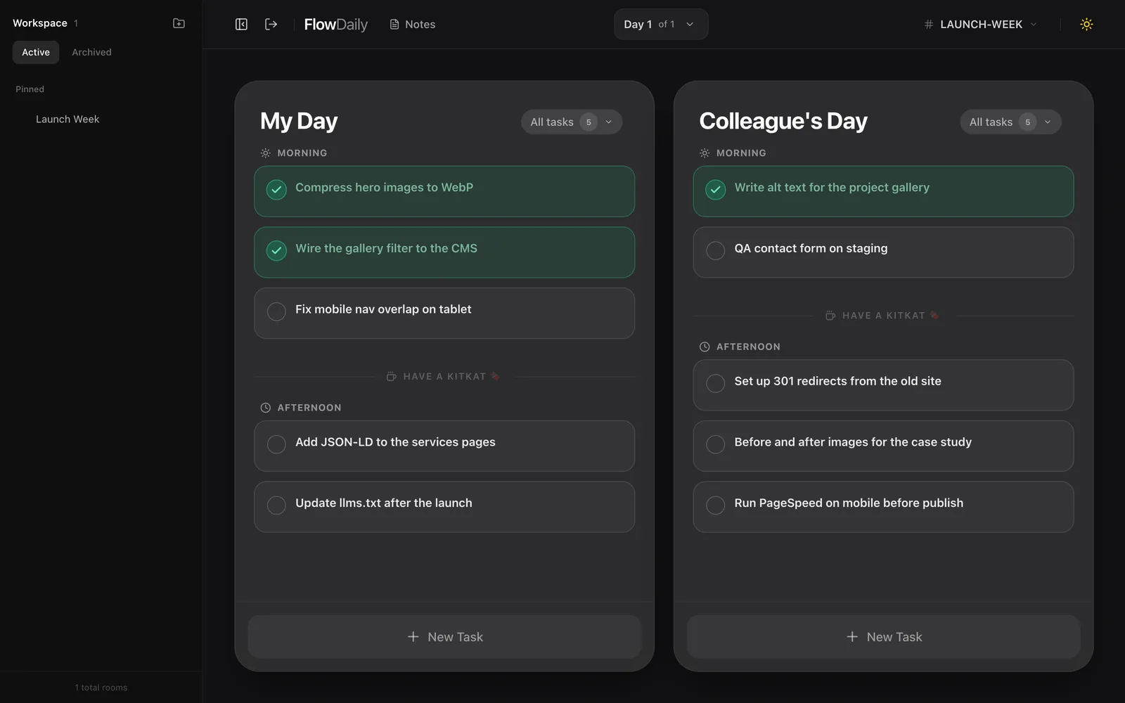 FlowDaily planner in dark mode with the room sidebar open