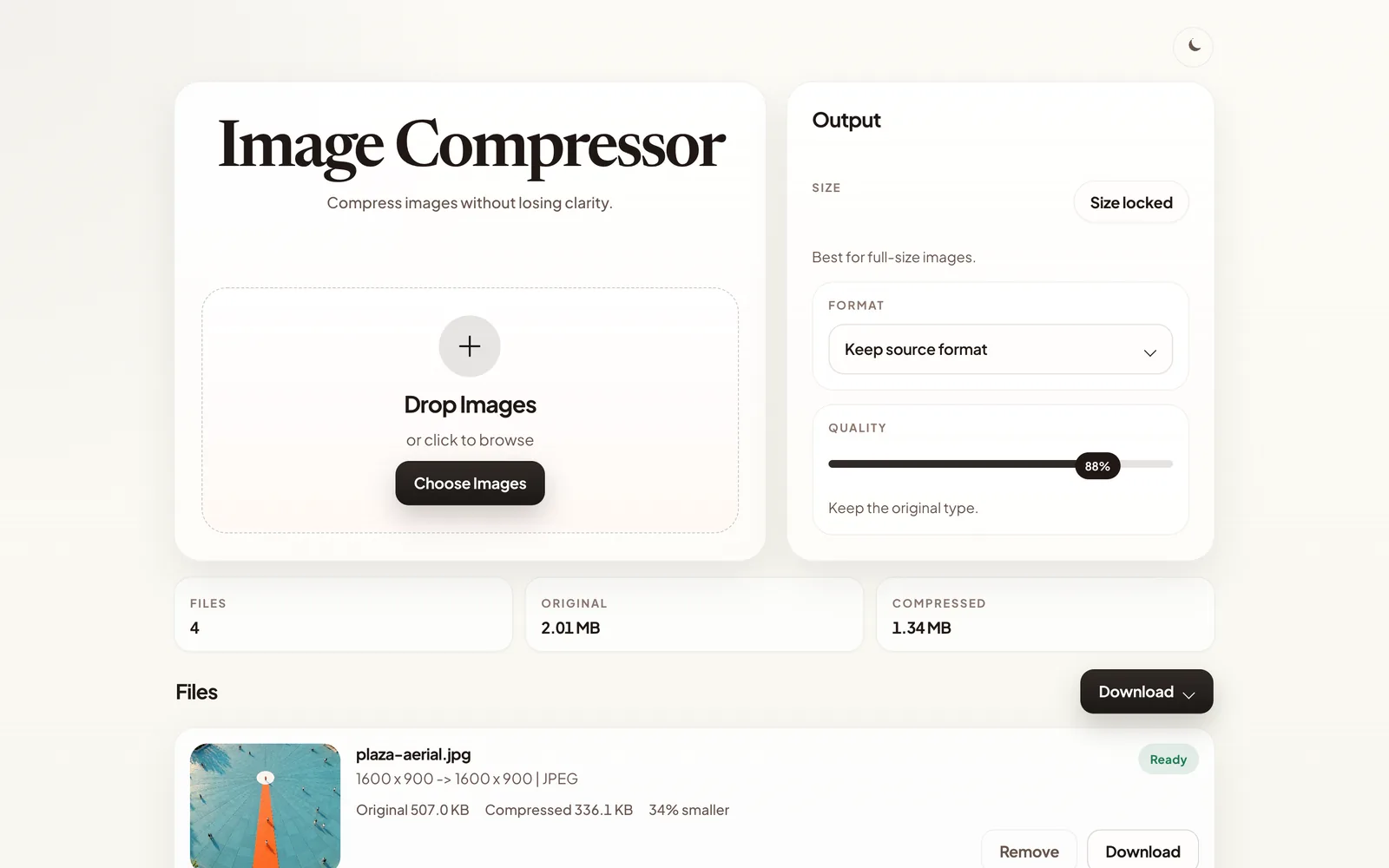 Image compressor with the drop zone and output settings, a summary of 4 files from 2.01 MB to 1.34 MB, and the first compressed file
