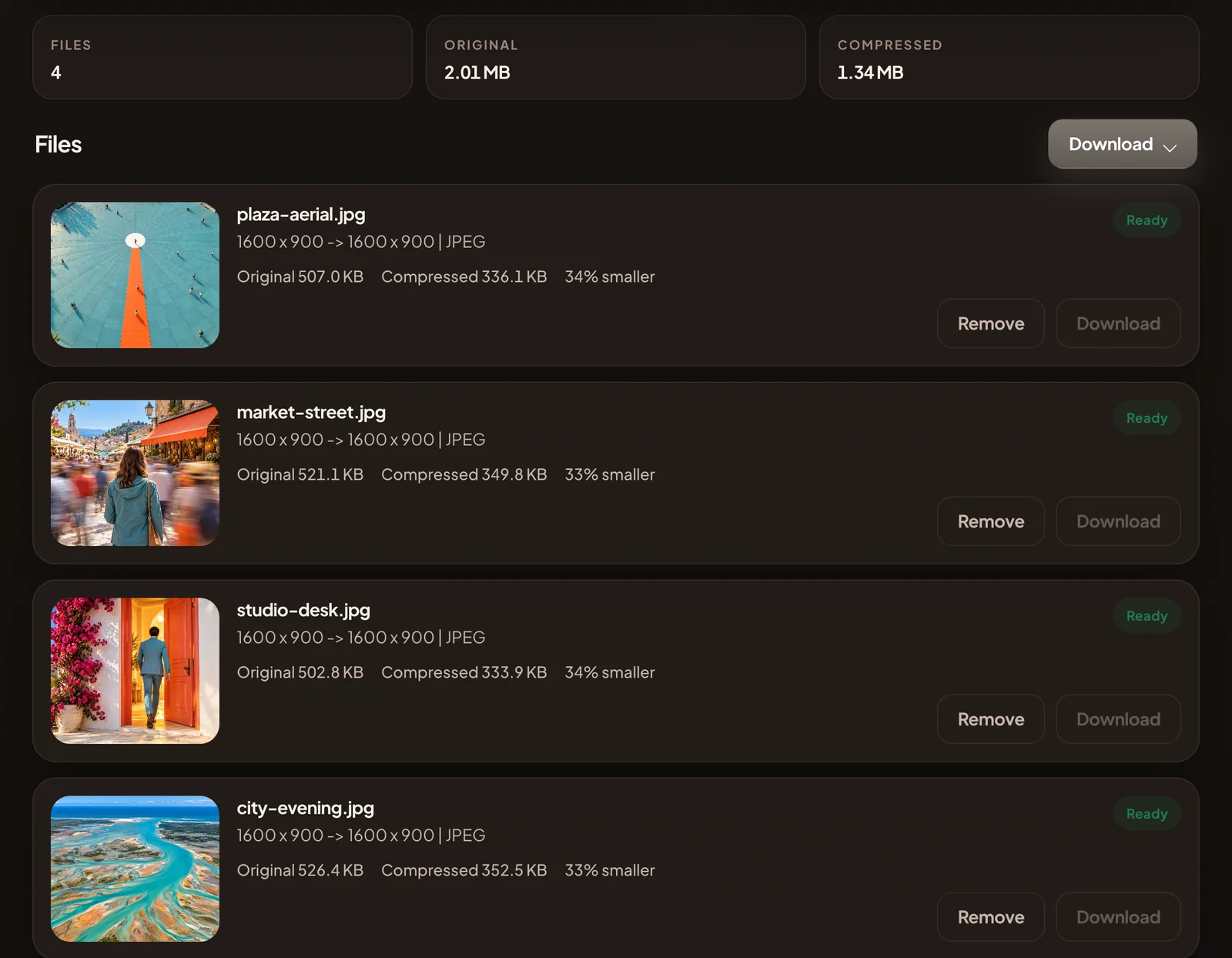 Dark mode file list of four compressed photos, each about a third smaller, with remove and download buttons