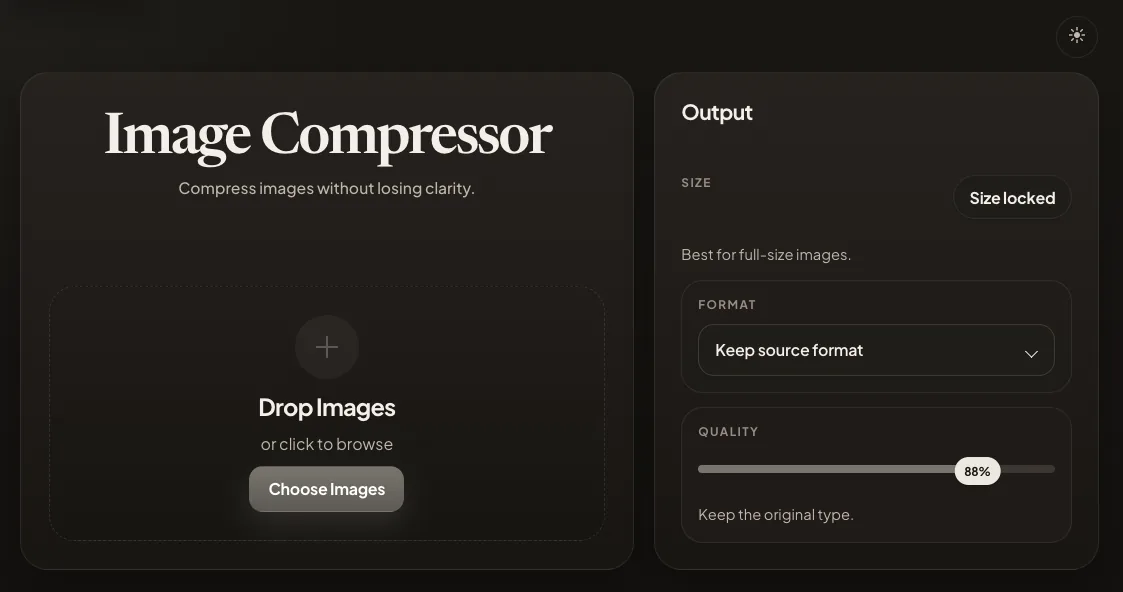Empty image compressor with a drop zone, format setting and 88 percent quality slider
