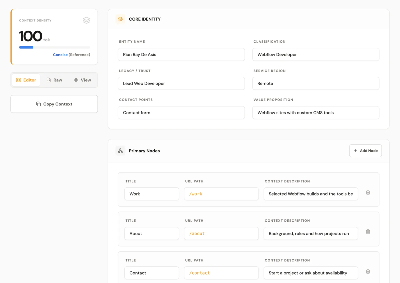 llms.txt editor form filled with a developer profile and three key pages with paths and short descriptions