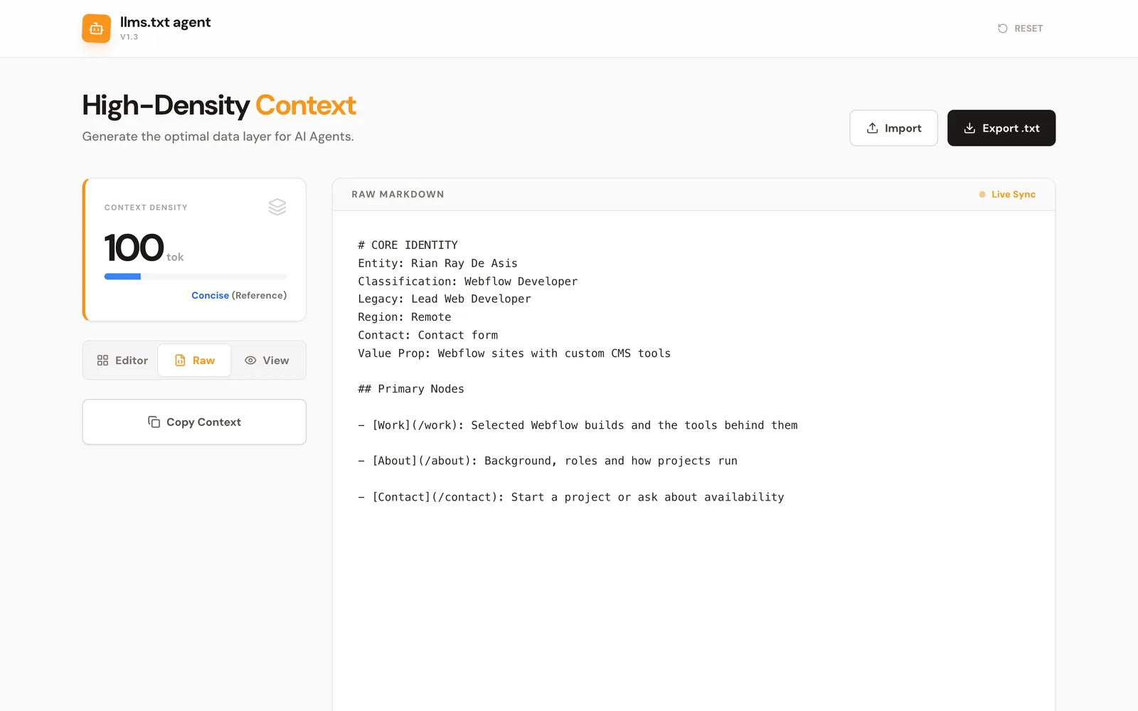 Raw view of the generated llms.txt markdown with the identity block and a list of key pages