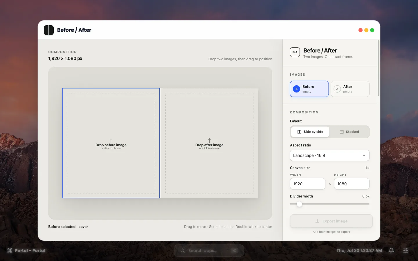 Browser desktop workspace with the before and after composer open as a window over a mountain wallpaper, and a taskbar with app search, notifications and settings