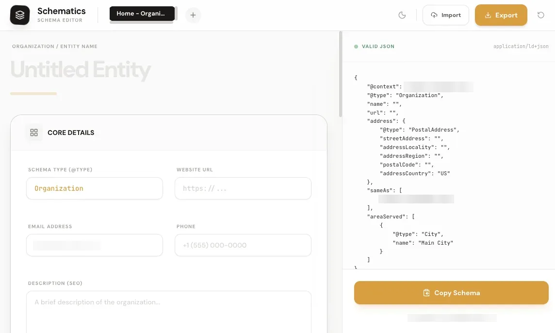 JSON-LD schema editor with an organization form on the left and live valid JSON-LD on the right, with a Copy Schema button