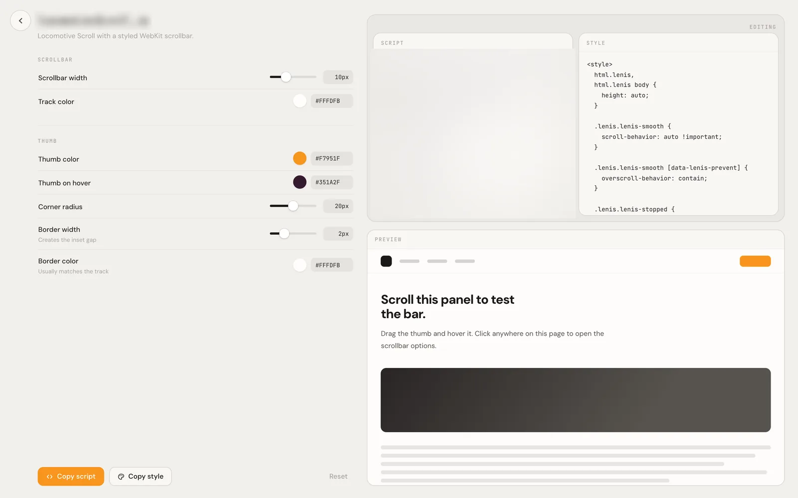 Snippet editor with scrollbar width, track, thumb and border controls beside a live scrolling preview and the style code