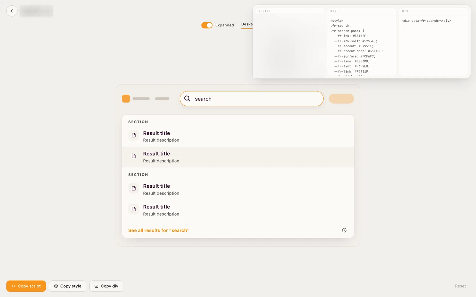 Snippet editor showing a live nav search preview with sectioned results and the style code